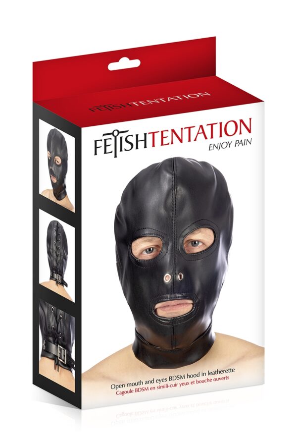 Cagoule BDSM 3 ouvertures en simili cuir - Fetish Tentation – Image 3