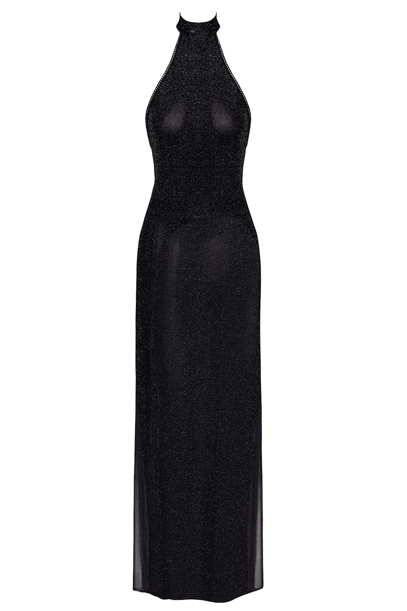 Robe longue en maille pailletée Onyx F372 - Noir Handmade – Image 2