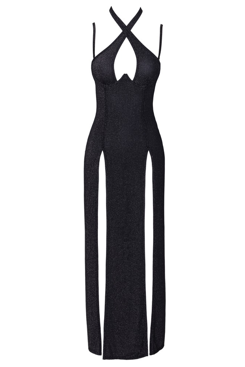 Robe longue à décolleté plongeant noire argentée - Cottelli PARTY – Image 2